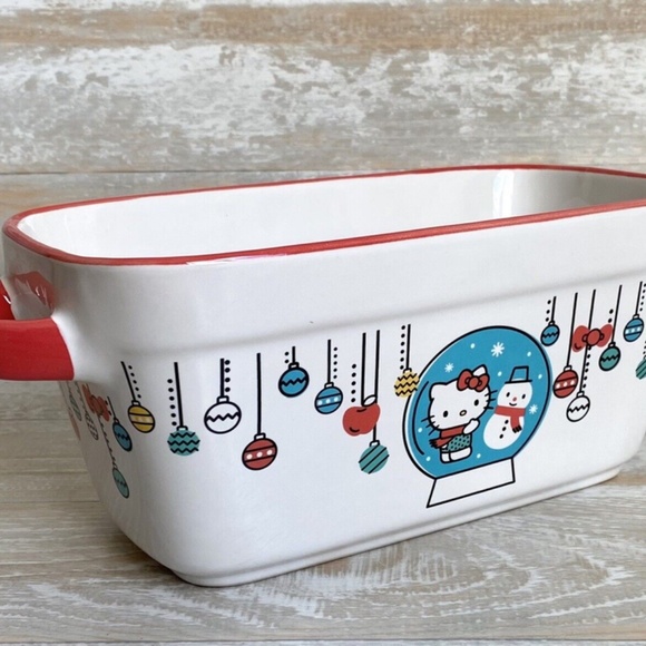 Hello Kitty Christmas Loaf Baking Pan Ceramic 9"x5" Sanrio Let it Snow Ornaments - Picture 2 of 9